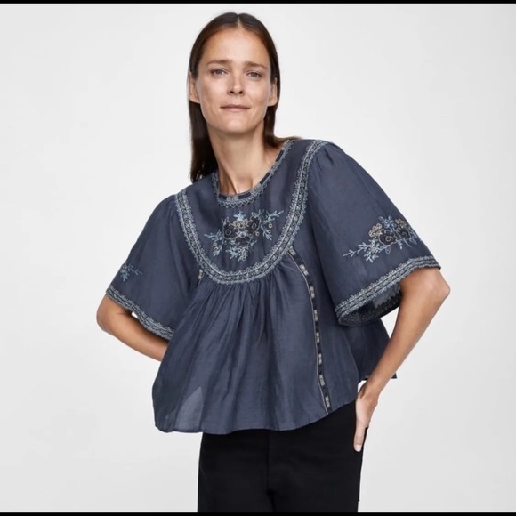 Zara‎ Denim Peasant Embroidered Floral Linen Blend Top Blouse Size Xs - Picture 7 of 14